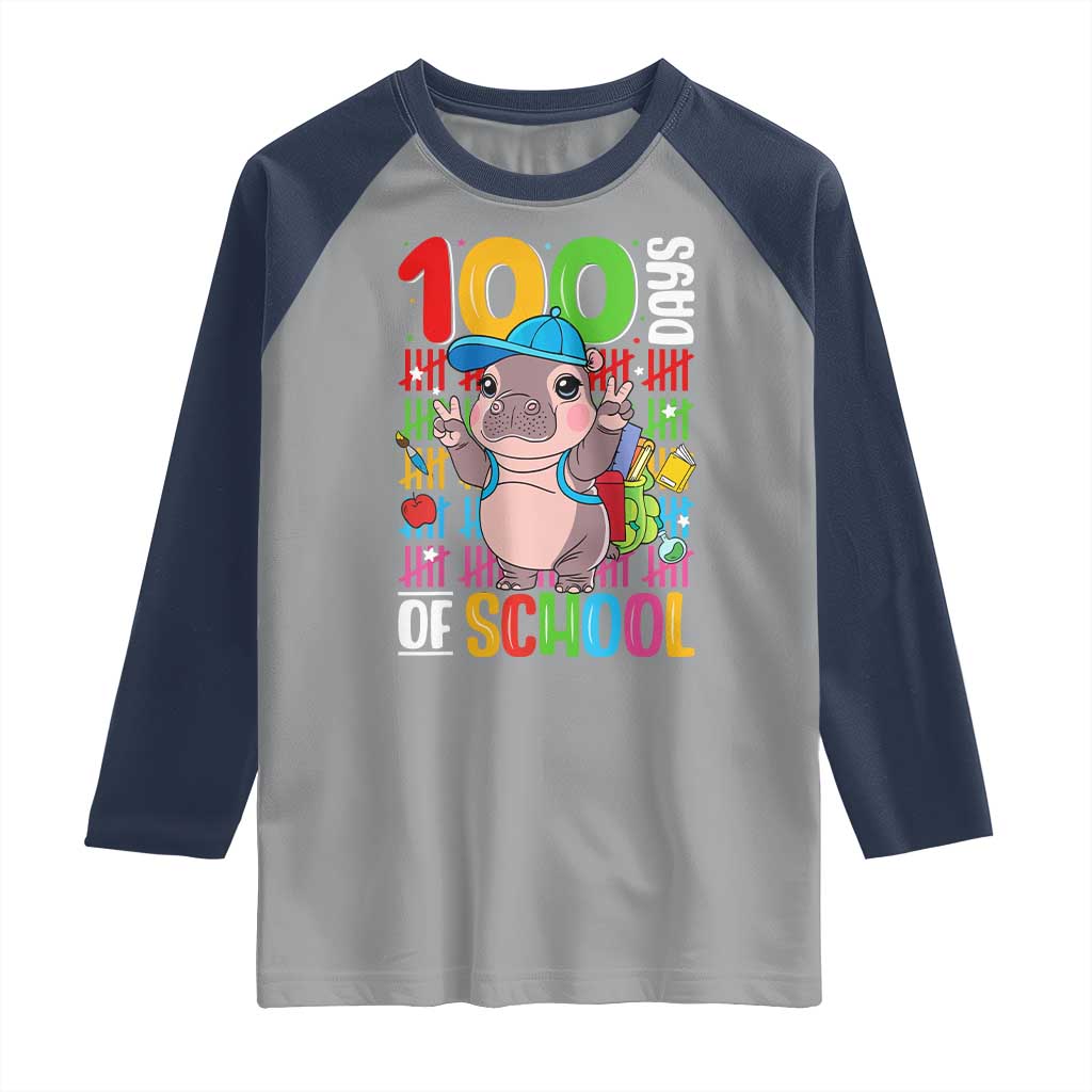 Funny 100th Day Of School Moo Deng Raglan Shirt Cute Baby Hippo Colorful 100 Days