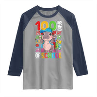 Funny 100th Day Of School Moo Deng Raglan Shirt Cute Baby Hippo Colorful 100 Days