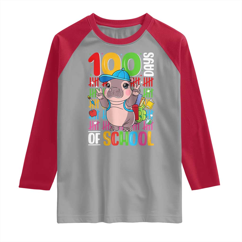 Funny 100th Day Of School Moo Deng Raglan Shirt Cute Baby Hippo Colorful 100 Days