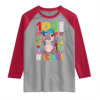 Funny 100th Day Of School Moo Deng Raglan Shirt Cute Baby Hippo Colorful 100 Days