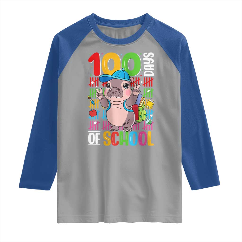 Funny 100th Day Of School Moo Deng Raglan Shirt Cute Baby Hippo Colorful 100 Days
