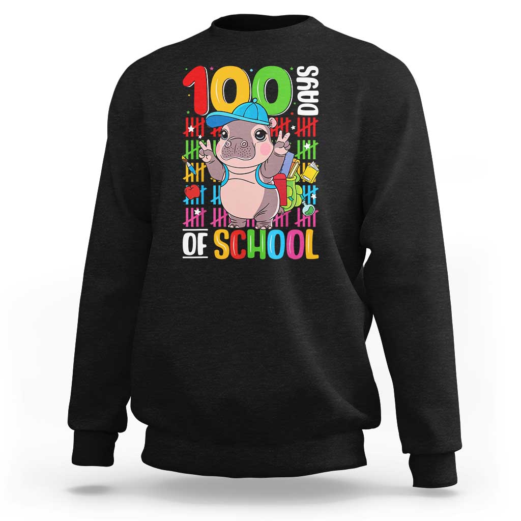 Funny 100th Day Of School Moo Deng Sweatshirt Cute Baby Hippo Colorful 100 Days - Wonder Print Shop