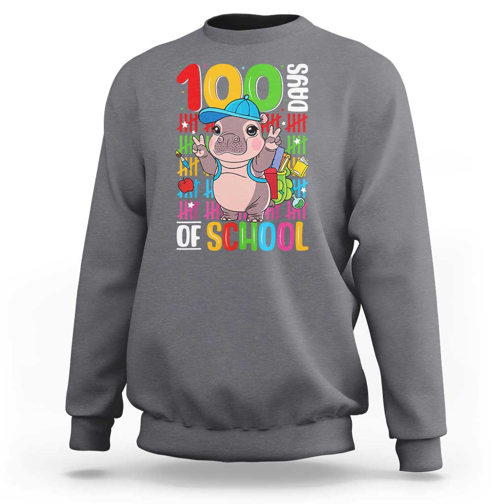 Funny 100th Day Of School Moo Deng Sweatshirt Cute Baby Hippo Colorful 100 Days - Wonder Print Shop