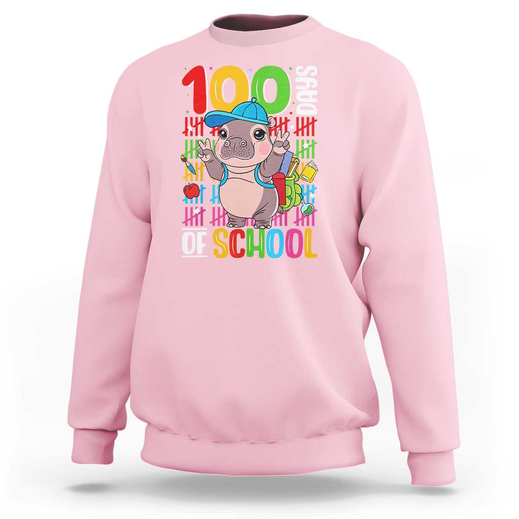 Funny 100th Day Of School Moo Deng Sweatshirt Cute Baby Hippo Colorful 100 Days - Wonder Print Shop