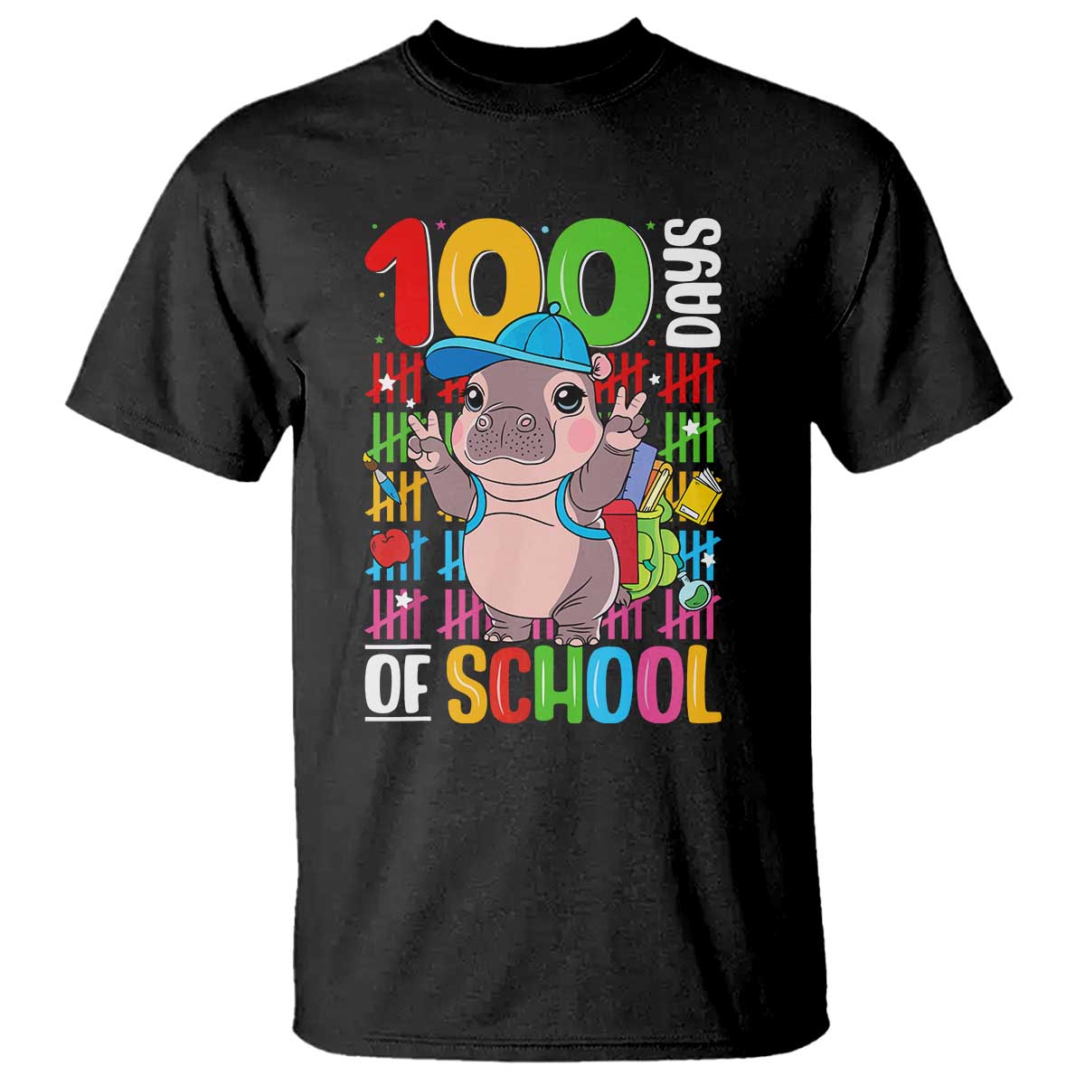 Funny 100th Day Of School Moo Deng T Shirt Cute Baby Hippo Colorful 100 Days - Wonder Print Shop