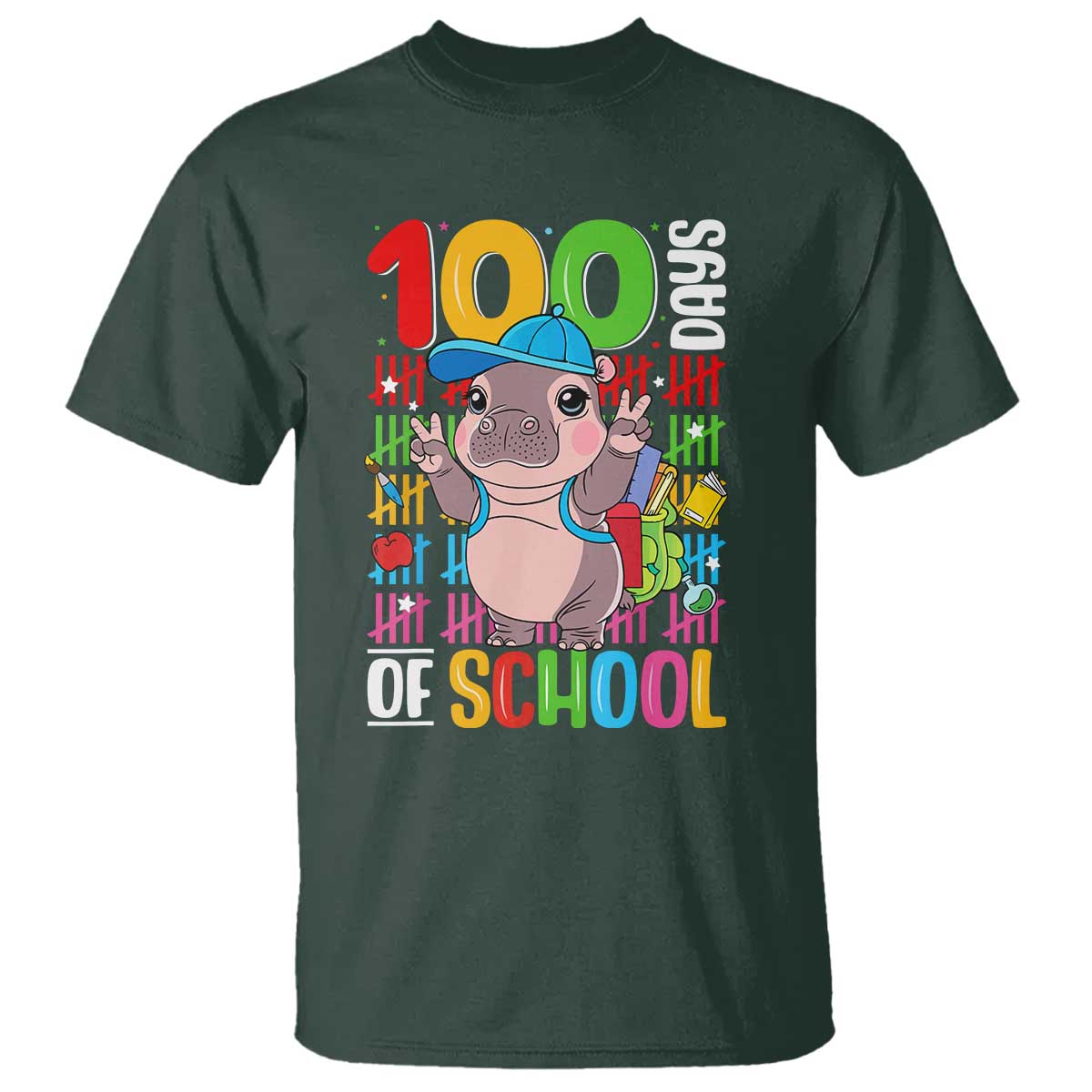 Funny 100th Day Of School Moo Deng T Shirt Cute Baby Hippo Colorful 100 Days - Wonder Print Shop