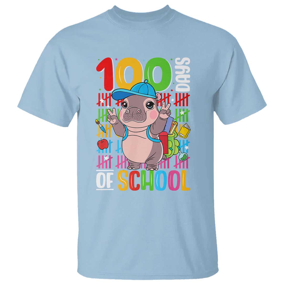 Funny 100th Day Of School Moo Deng T Shirt Cute Baby Hippo Colorful 100 Days - Wonder Print Shop
