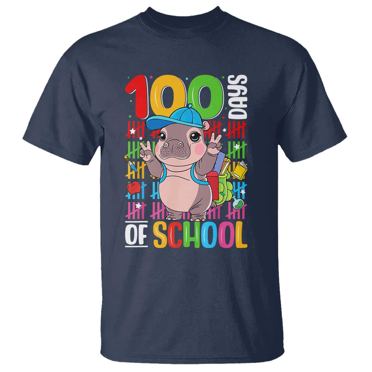 Funny 100th Day Of School Moo Deng T Shirt Cute Baby Hippo Colorful 100 Days - Wonder Print Shop