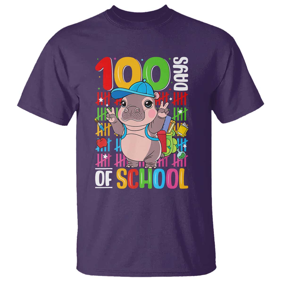Funny 100th Day Of School Moo Deng T Shirt Cute Baby Hippo Colorful 100 Days - Wonder Print Shop