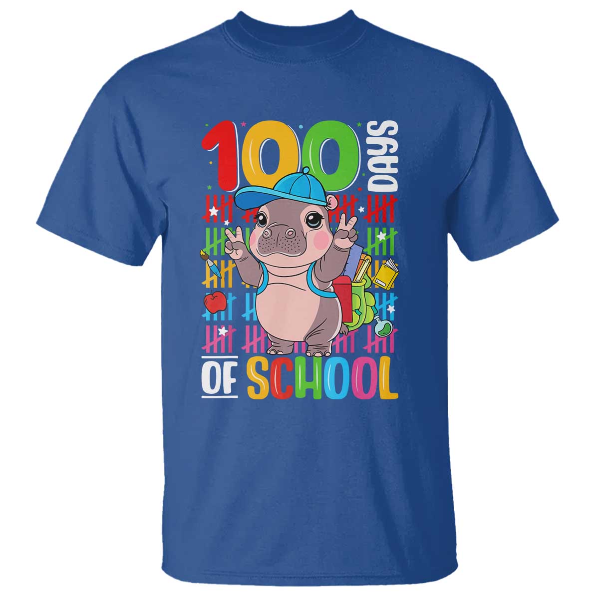 Funny 100th Day Of School Moo Deng T Shirt Cute Baby Hippo Colorful 100 Days - Wonder Print Shop