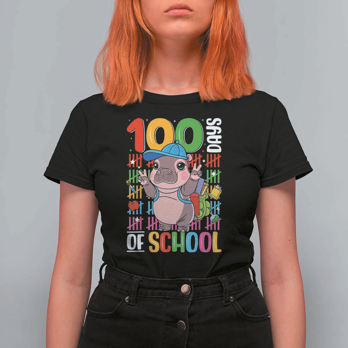 Funny 100th Day Of School Moo Deng T Shirt For Women Cute Baby Hippo Colorful 100 Days - Wonder Print Shop