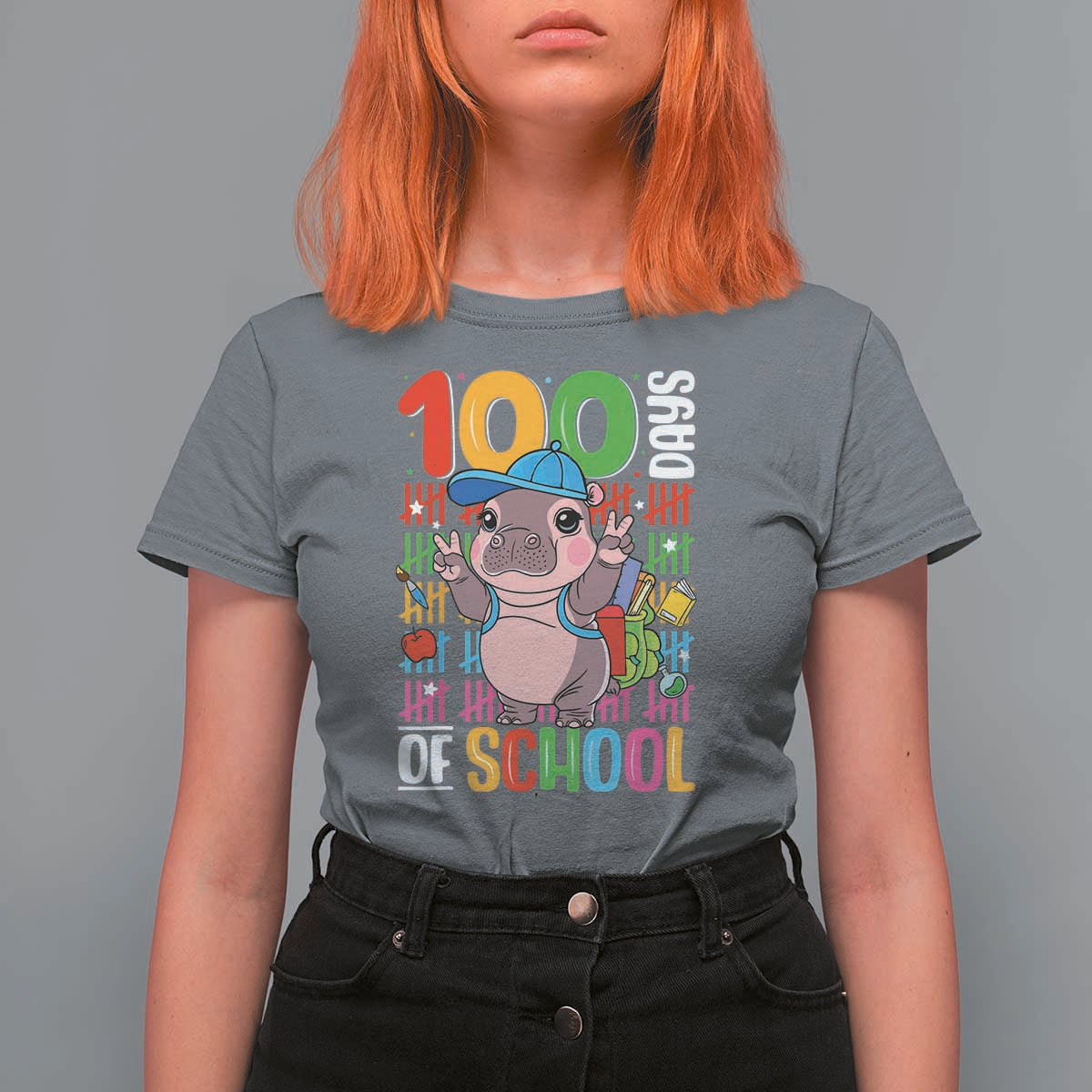 Funny 100th Day Of School Moo Deng T Shirt For Women Cute Baby Hippo Colorful 100 Days - Wonder Print Shop