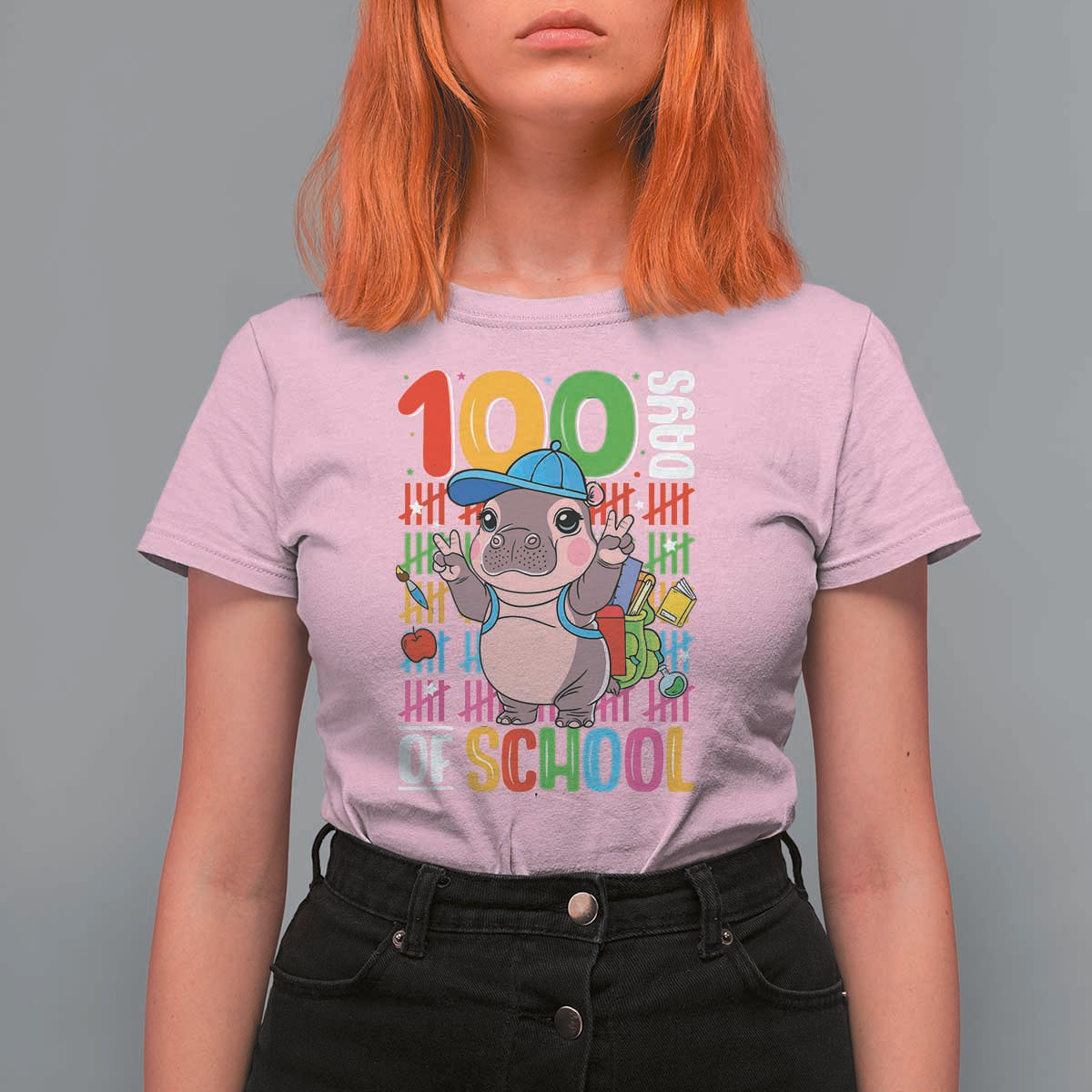 Funny 100th Day Of School Moo Deng T Shirt For Women Cute Baby Hippo Colorful 100 Days - Wonder Print Shop