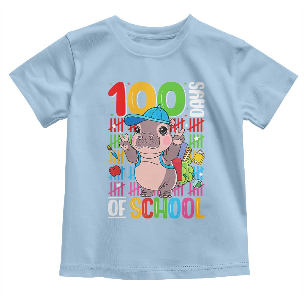 Funny 100th Day Of School Moo Deng Toddler T Shirt Cute Baby Hippo Colorful 100 Days
