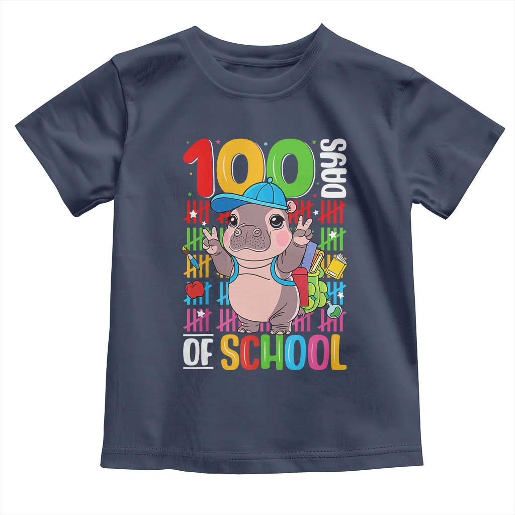 Funny 100th Day Of School Moo Deng Toddler T Shirt Cute Baby Hippo Colorful 100 Days