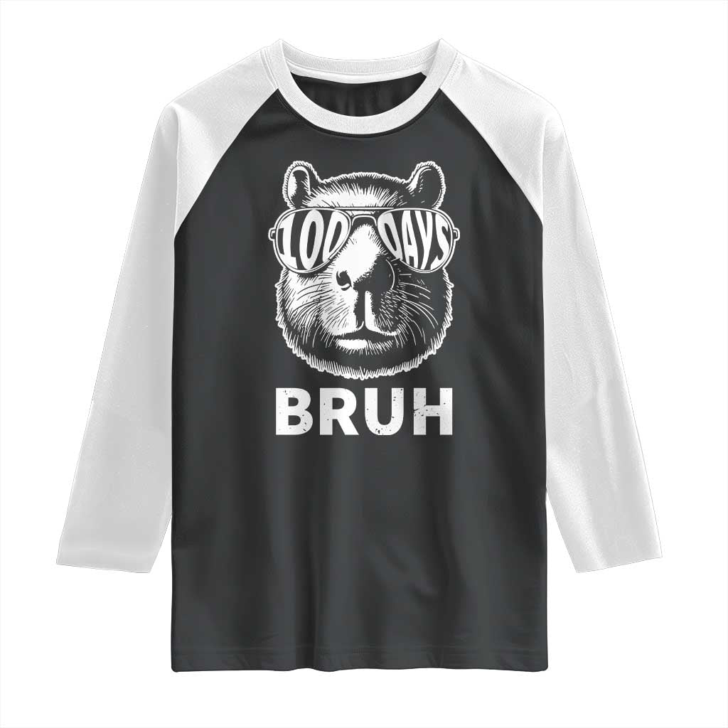 100th Day Of School Capybara Raglan Shirt 100 Days Bruh Cool Capy Bara