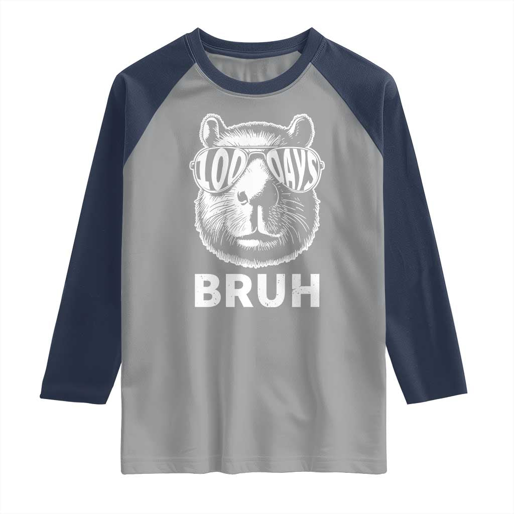 100th Day Of School Capybara Raglan Shirt 100 Days Bruh Cool Capy Bara