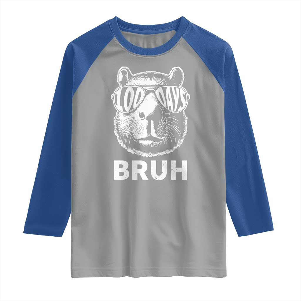 100th Day Of School Capybara Raglan Shirt 100 Days Bruh Cool Capy Bara