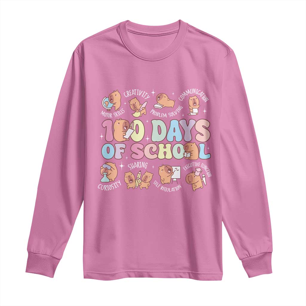 100th Day Of School Cute Capybara Long Sleeve Shirt Motor Skills Creativity Problem Solving Communication