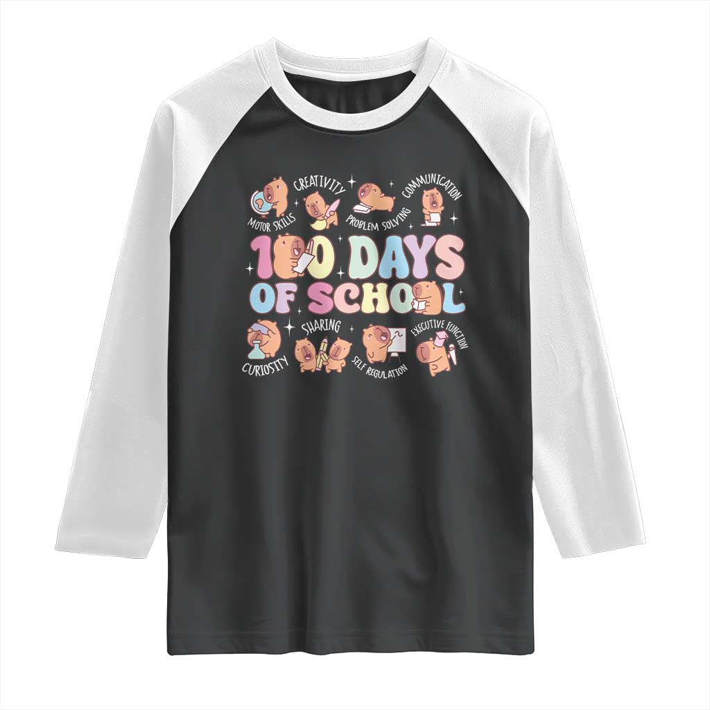 100th Day Of School Cute Capybara Raglan Shirt Motor Skills Creativity Problem Solving Communication