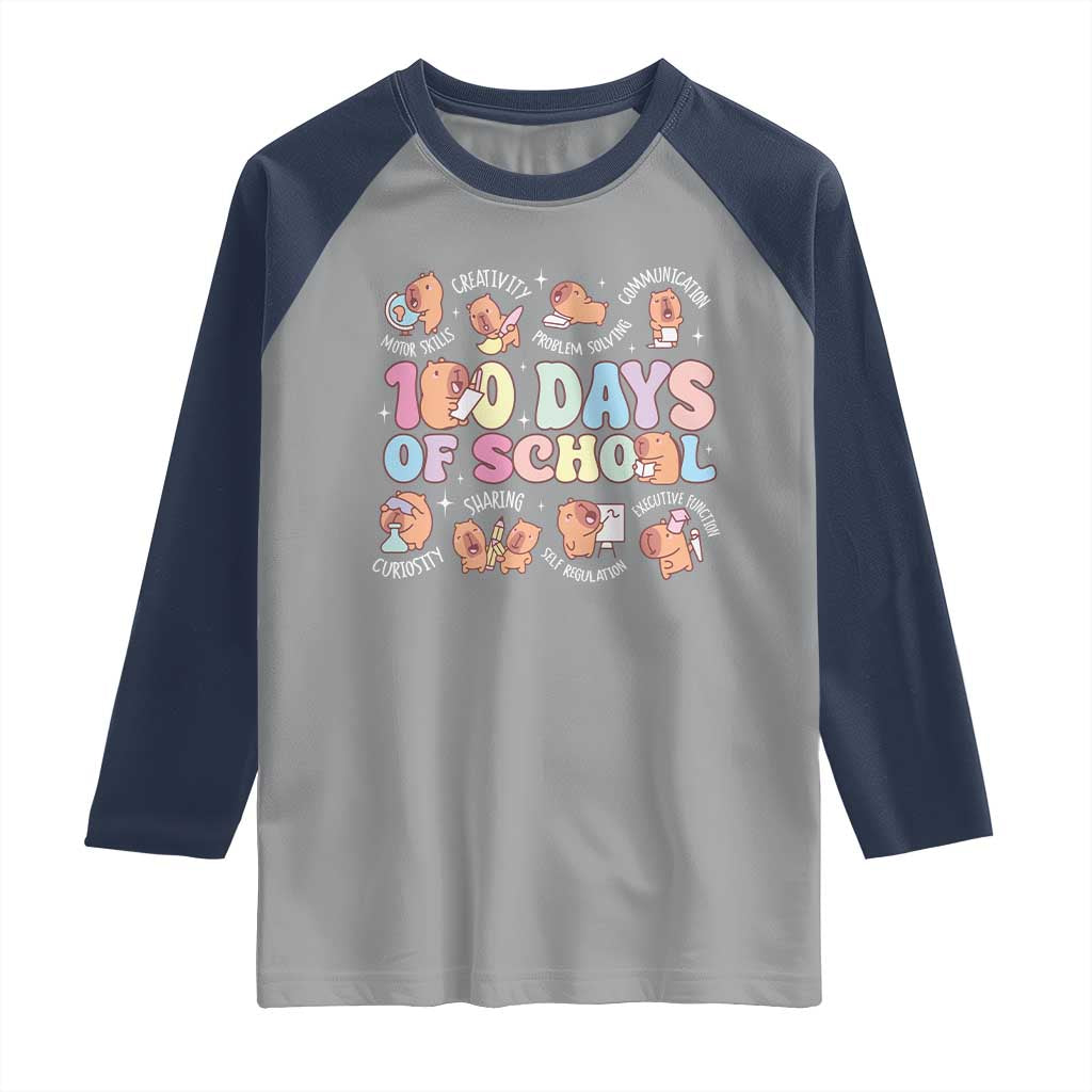 100th Day Of School Cute Capybara Raglan Shirt Motor Skills Creativity Problem Solving Communication