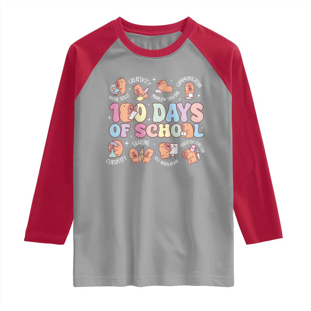 100th Day Of School Cute Capybara Raglan Shirt Motor Skills Creativity Problem Solving Communication