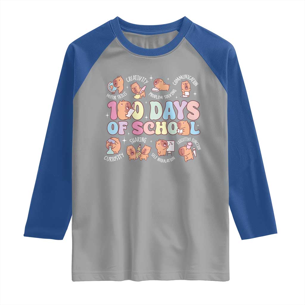 100th Day Of School Cute Capybara Raglan Shirt Motor Skills Creativity Problem Solving Communication