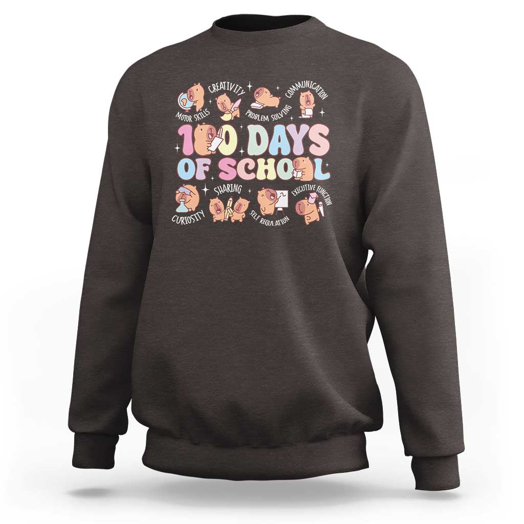100th Day Of School Cute Capybara Sweatshirt Motor Skills Creativity Problem Solving Communication - Wonder Print Shop