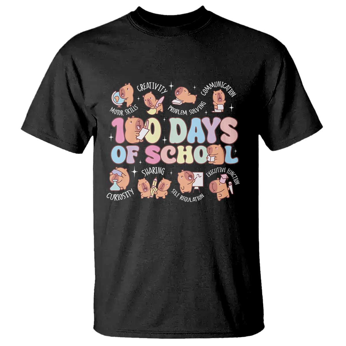 100th Day Of School Cute Capybara T Shirt Motor Skills Creativity Problem Solving Communication - Wonder Print Shop