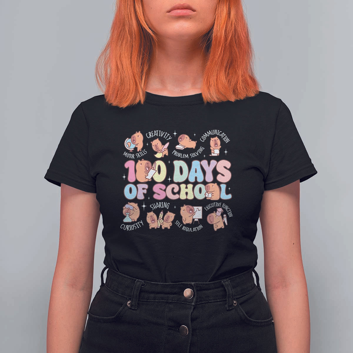 100th Day Of School Cute Capybara T Shirt For Women Motor Skills Creativity Problem Solving Communication - Wonder Print Shop