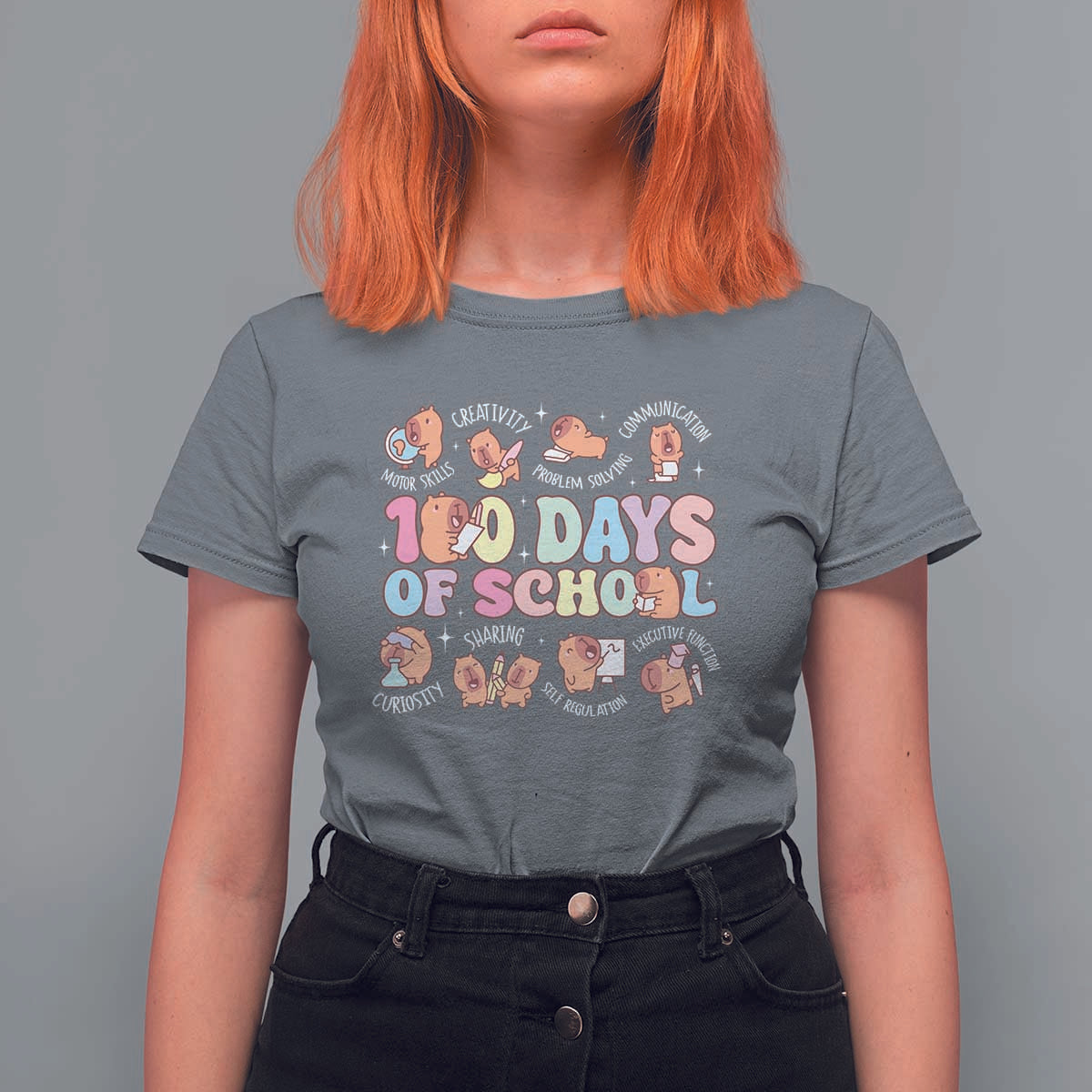 100th Day Of School Cute Capybara T Shirt For Women Motor Skills Creativity Problem Solving Communication - Wonder Print Shop