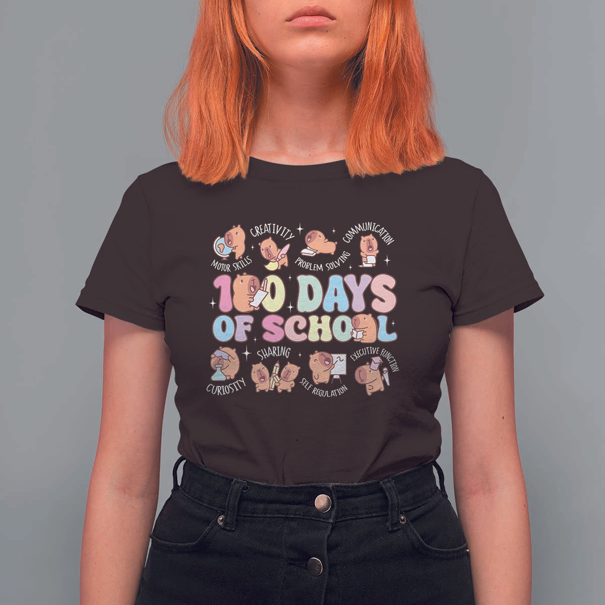 100th Day Of School Cute Capybara T Shirt For Women Motor Skills Creativity Problem Solving Communication - Wonder Print Shop