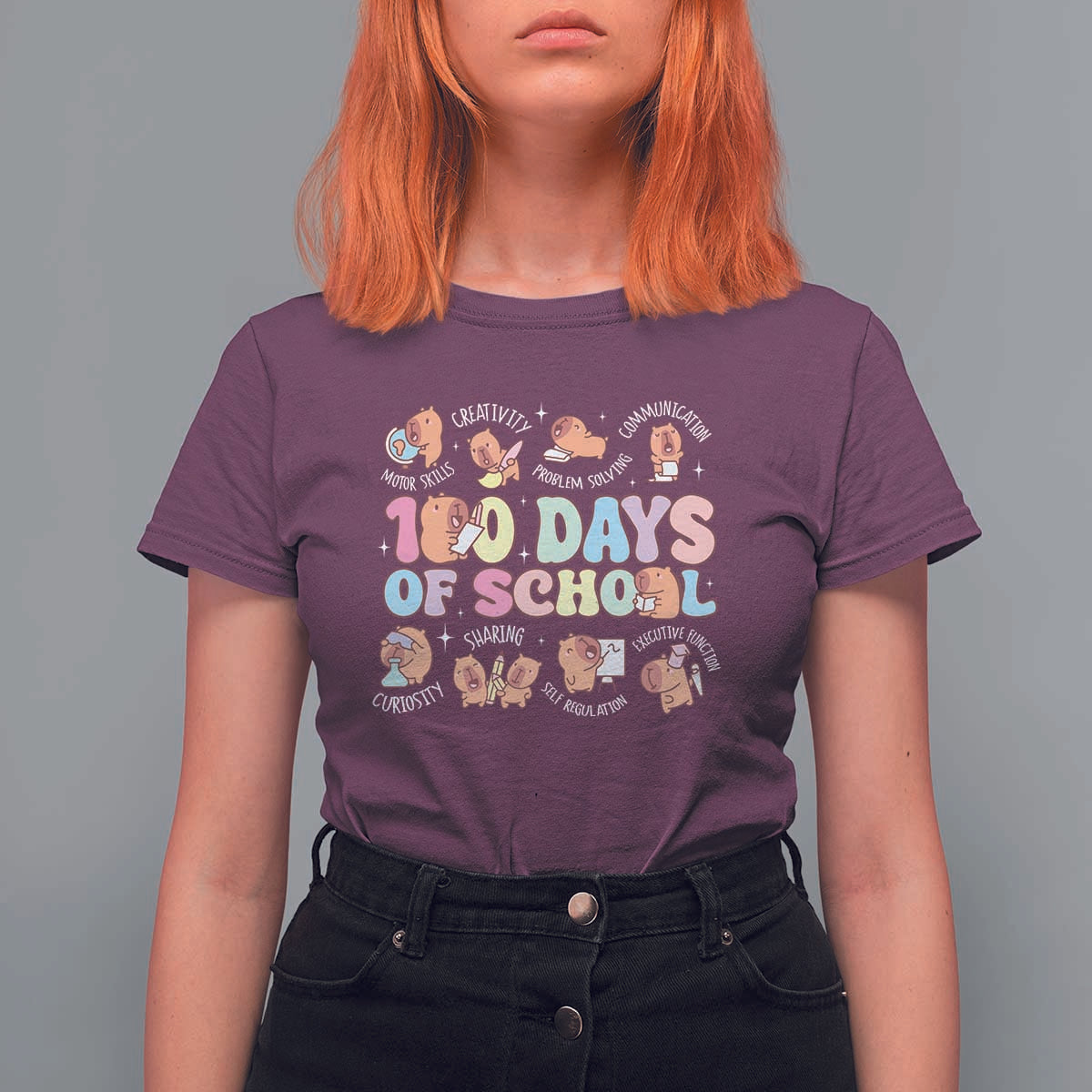 100th Day Of School Cute Capybara T Shirt For Women Motor Skills Creativity Problem Solving Communication - Wonder Print Shop