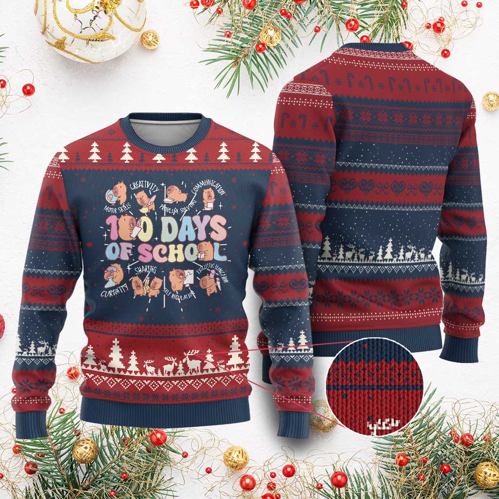 100th Day Of School Cute Capybara Ugly Christmas Sweater Motor Skills Creativity Problem Solving Communication - Wonder Print Shop