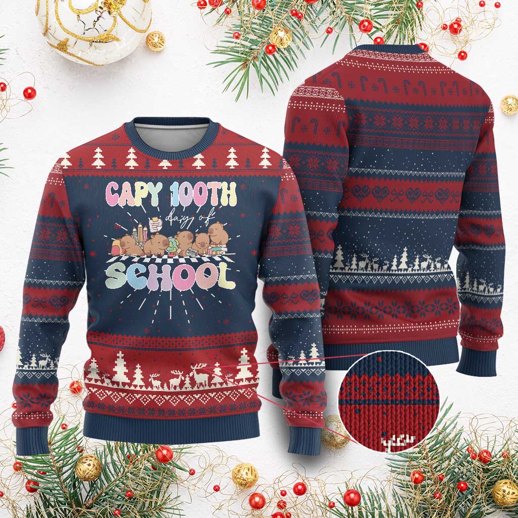 Capy 100 Days Of School Cute Capybara Ugly Christmas Sweater - Wonder Print Shop