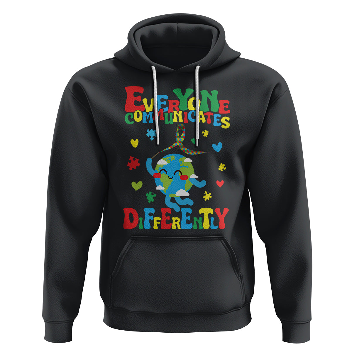 Autism Awareness Hoodie Everyone Communicates Different Puzzle Cute Earth - Wonder Print Shop