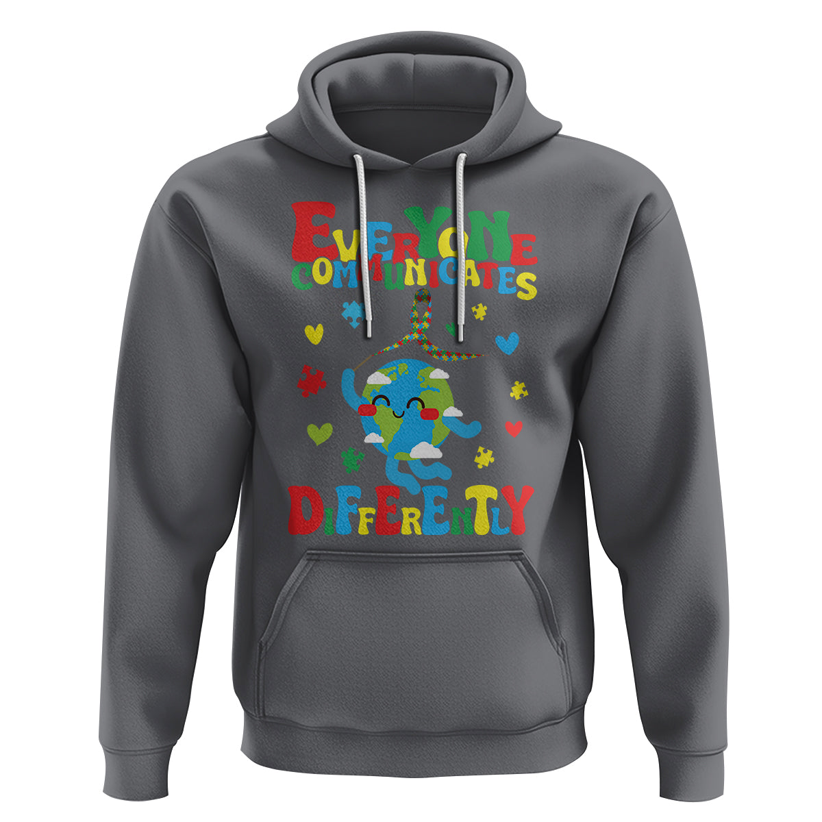 Autism Awareness Hoodie Everyone Communicates Different Puzzle Cute Earth - Wonder Print Shop