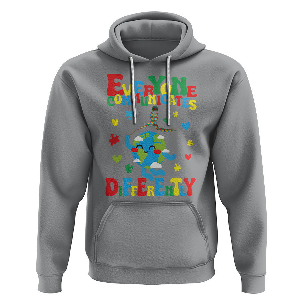 Autism Awareness Hoodie Everyone Communicates Different Puzzle Cute Earth - Wonder Print Shop