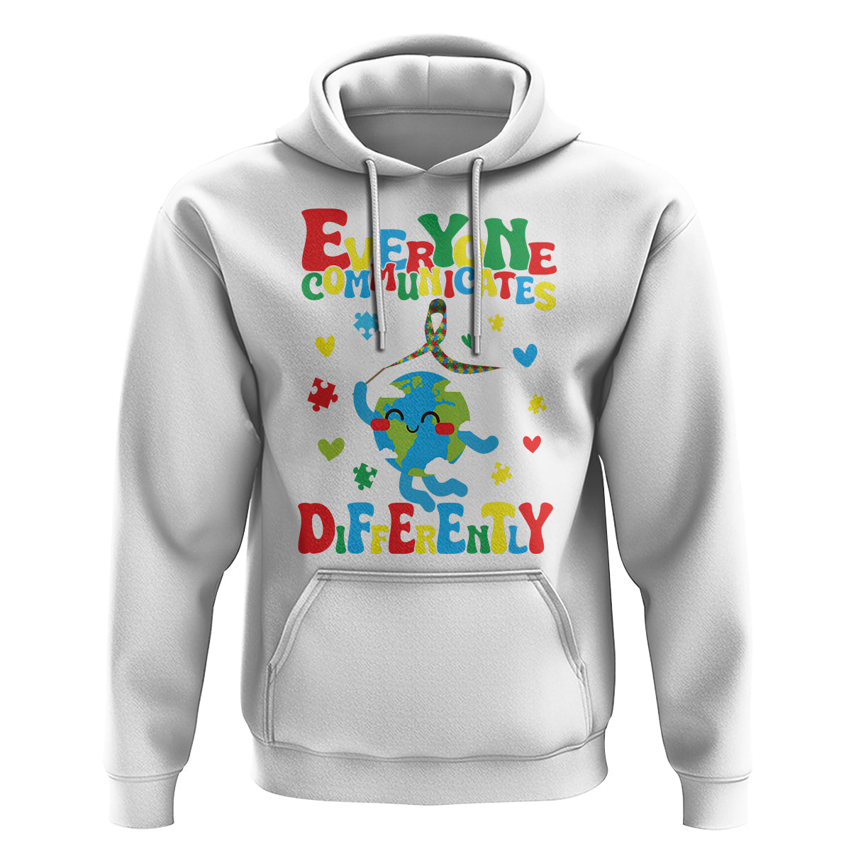 Autism Awareness Hoodie Everyone Communicates Different Puzzle Cute Earth - Wonder Print Shop