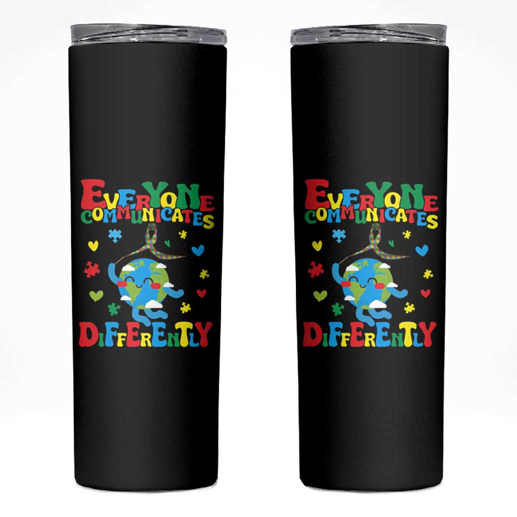 Autism Awareness Skinny Tumbler Everyone Communicates Different Puzzle Cute Earth