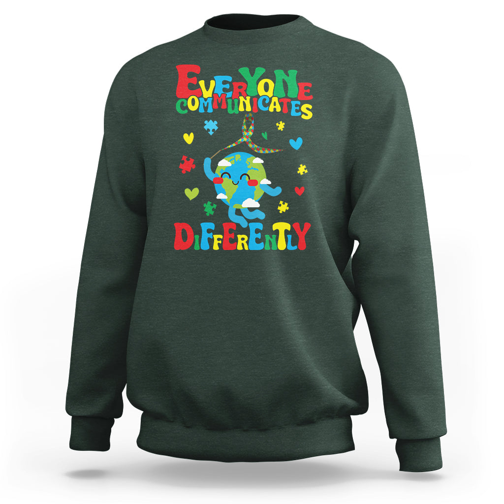 Autism Awareness Sweatshirt Everyone Communicates Different Puzzle Cute Earth - Wonder Print Shop