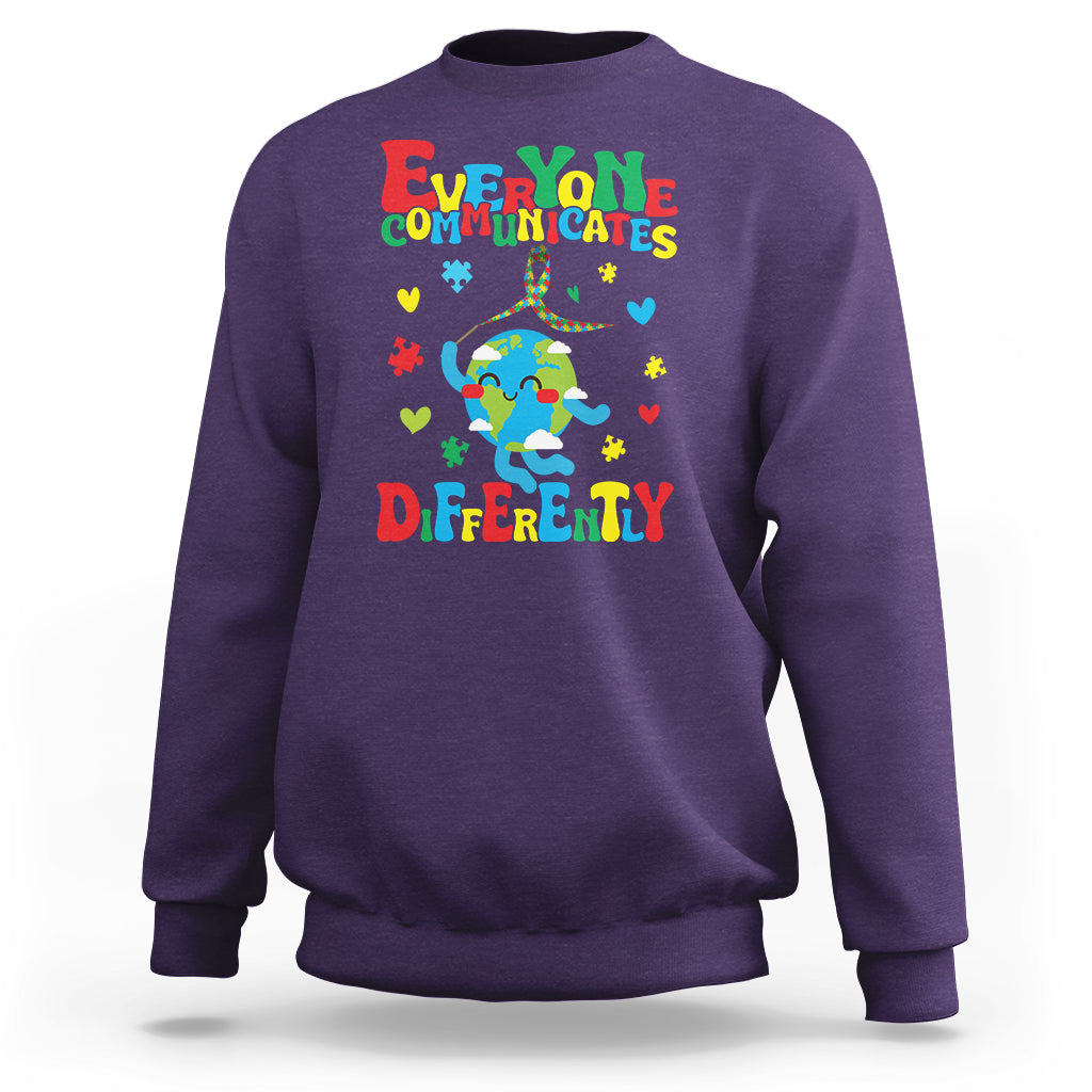 Autism Awareness Sweatshirt Everyone Communicates Different Puzzle Cute Earth - Wonder Print Shop