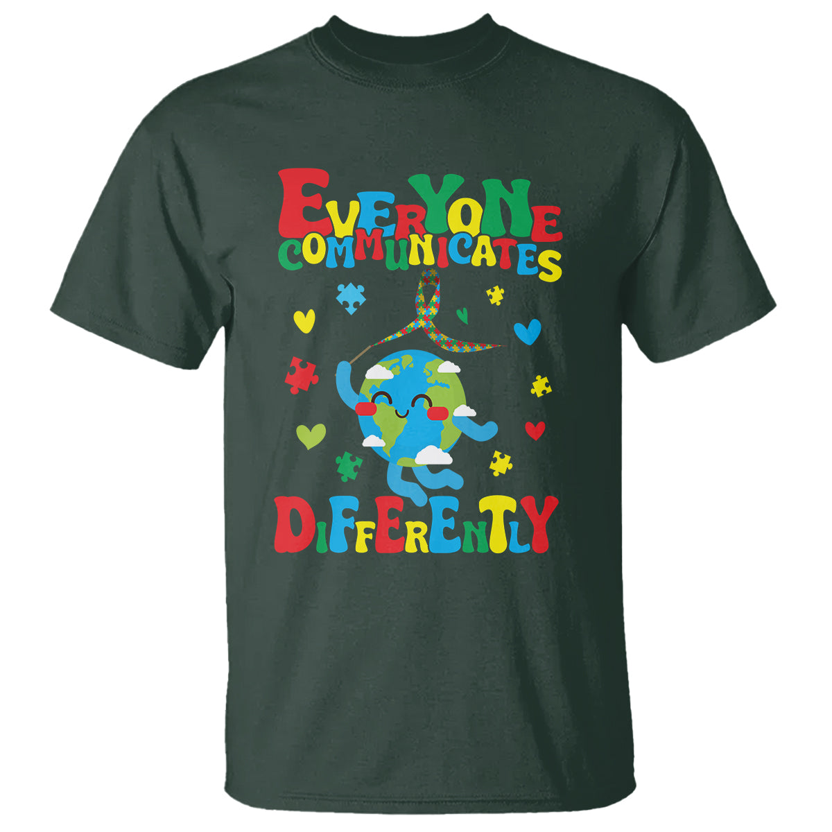 Autism Awareness T Shirt Everyone Communicates Different Puzzle Cute Earth - Wonder Print Shop