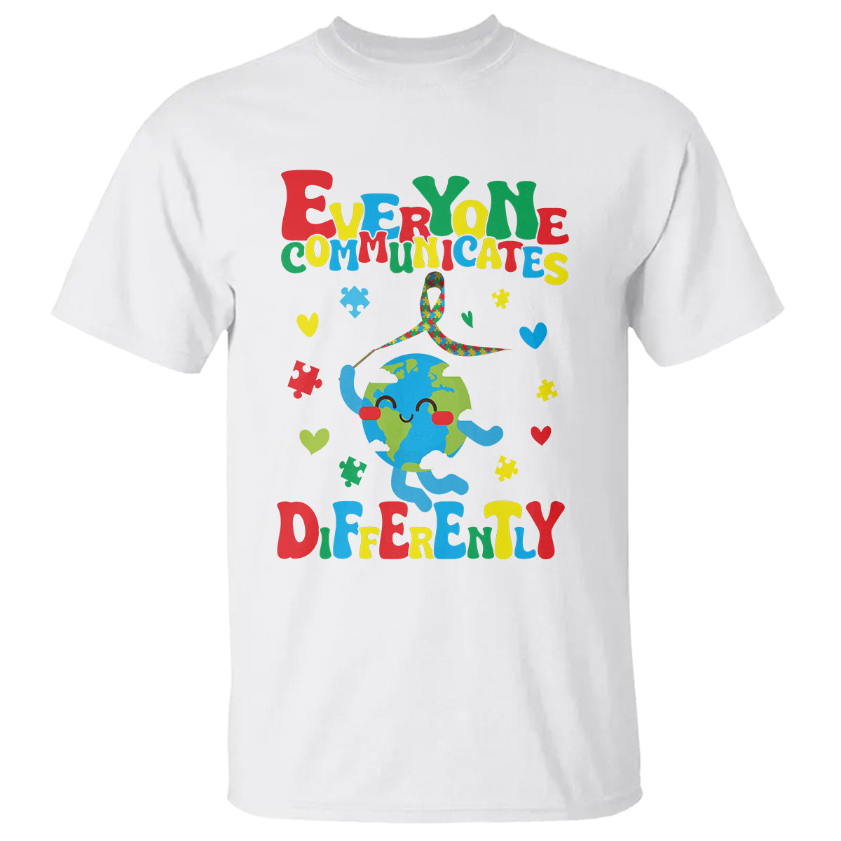 Autism Awareness T Shirt Everyone Communicates Different Puzzle Cute Earth - Wonder Print Shop