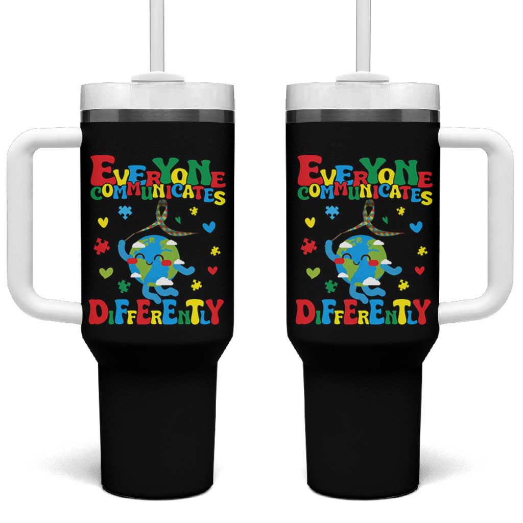 Autism Awareness Tumbler With Handle Everyone Communicates Different Puzzle Cute Earth