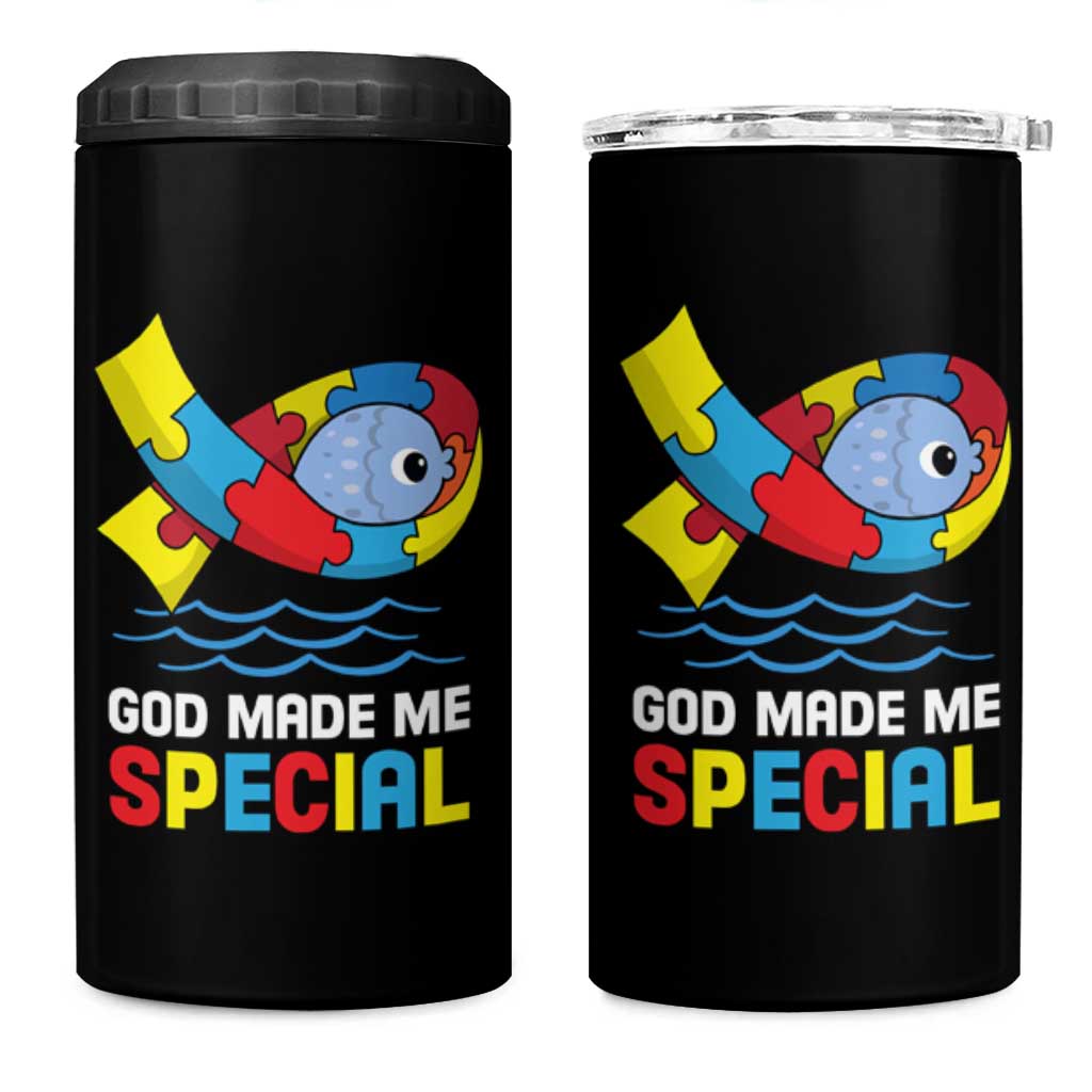 Autism Awareness 4 in 1 Can Cooler Tumbler God Made Me Special Cute Fish Puzzle Ribbon