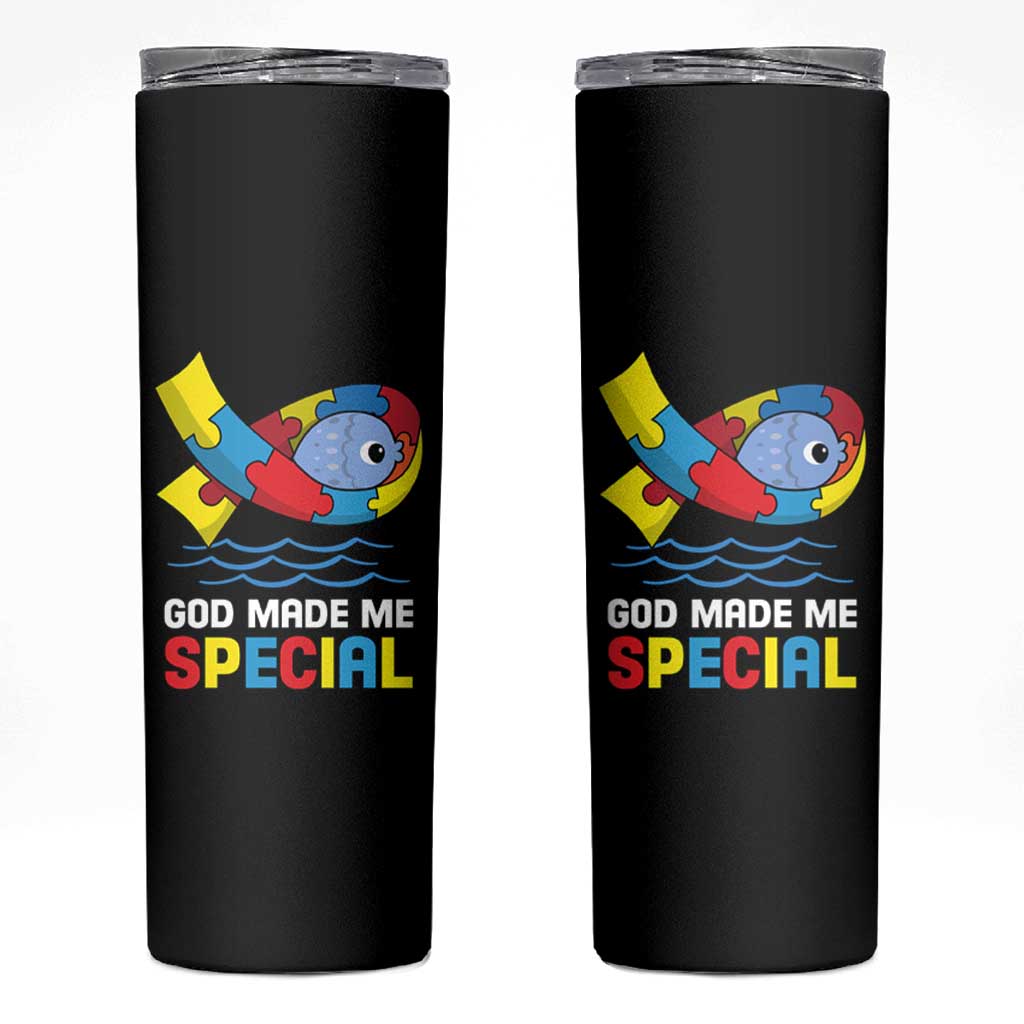 Autism Awareness Skinny Tumbler God Made Me Special Cute Fish Puzzle Ribbon
