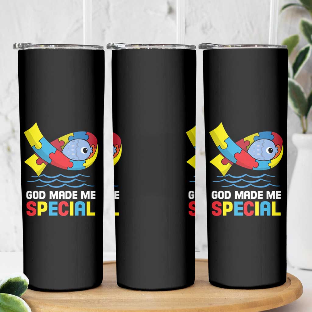 Autism Awareness Skinny Tumbler God Made Me Special Cute Fish Puzzle Ribbon