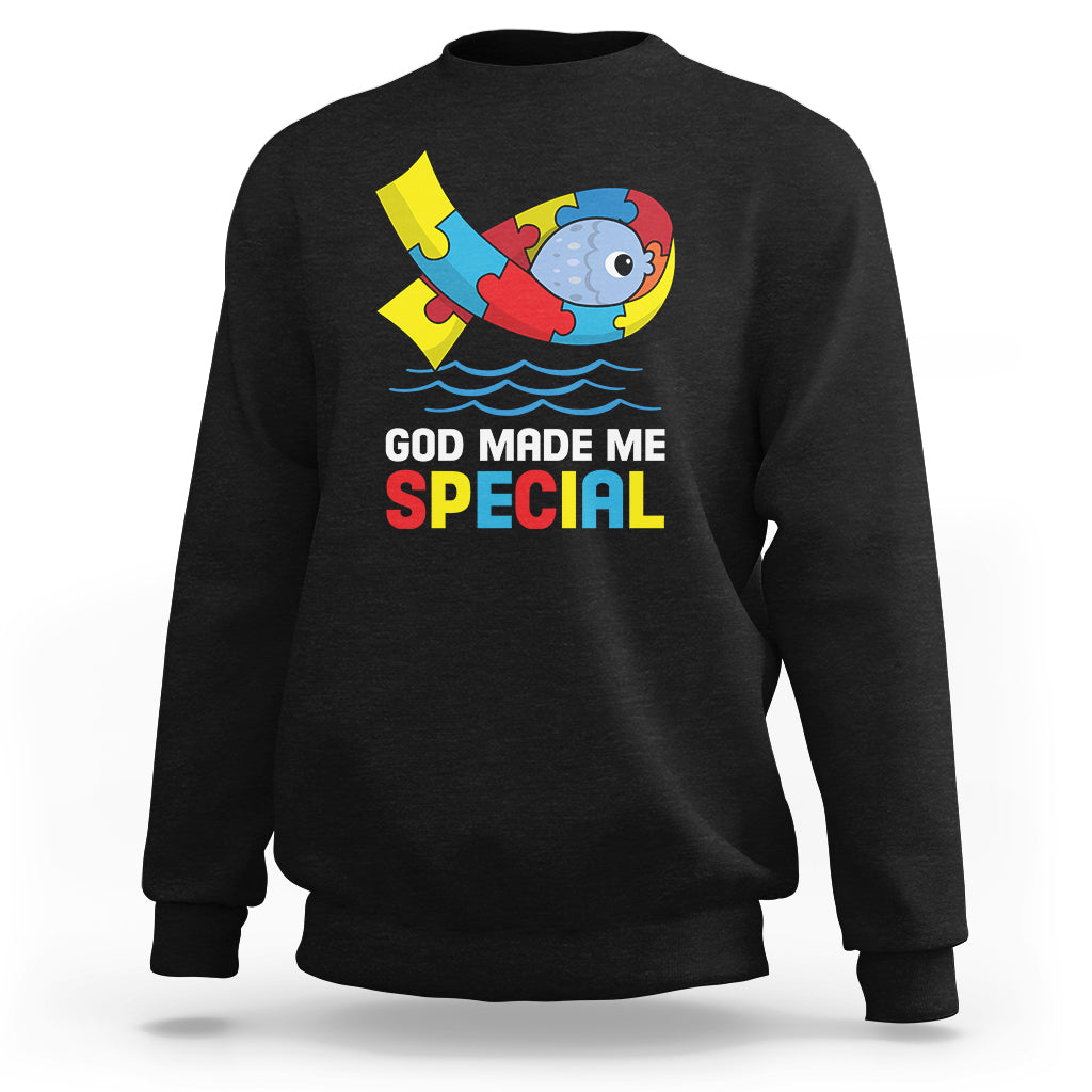 Autism Awareness Sweatshirt God Made Me Special Cute Fish Puzzle Ribbon - Wonder Print Shop
