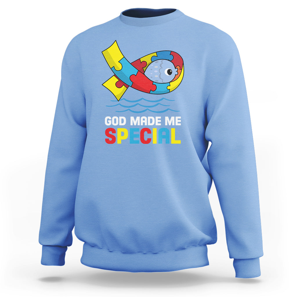 Autism Awareness Sweatshirt God Made Me Special Cute Fish Puzzle Ribbon - Wonder Print Shop